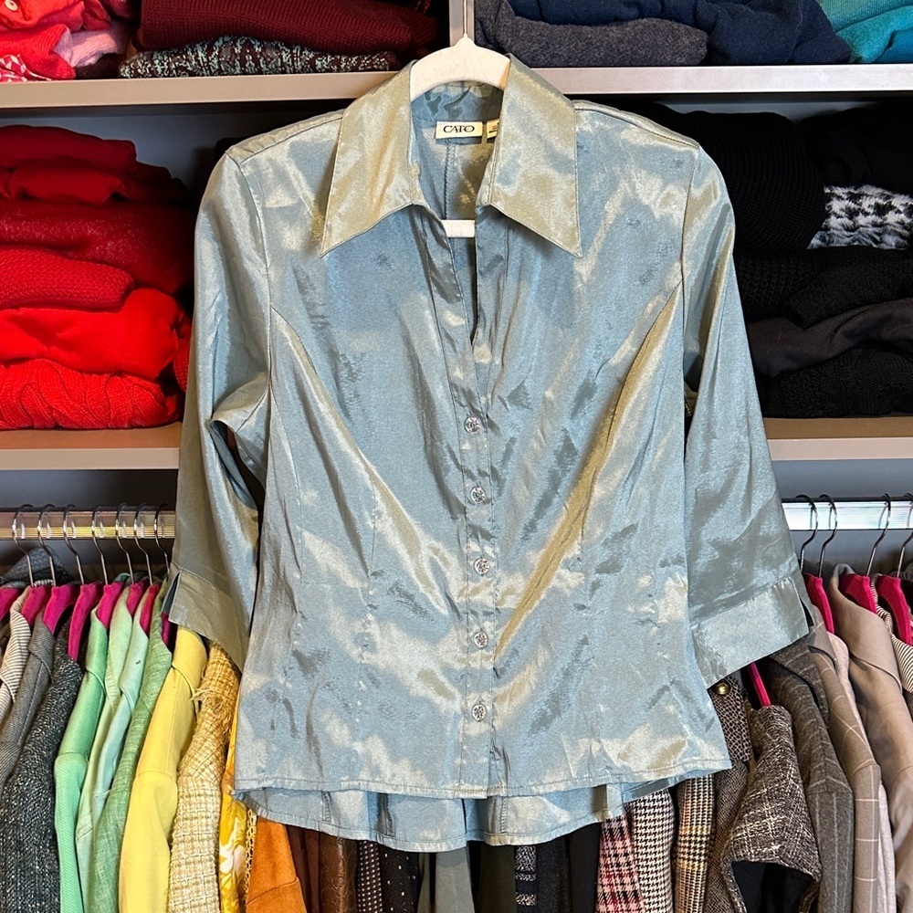 Cato blue satiny 3/4 sleeve v neck button down blouse size S
